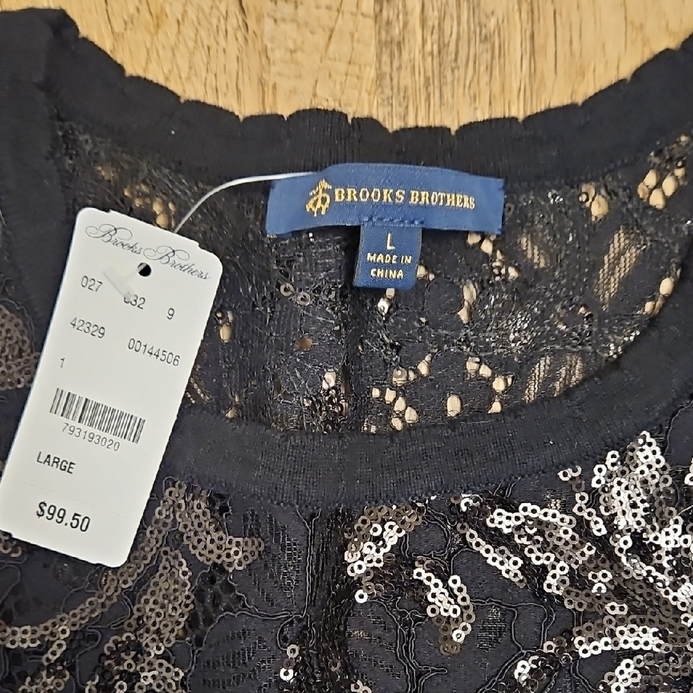 Brooks Brothers Black Sequin Lace Yoke Sweater Long Sleeve Women's Size L - Picture 2 of 5